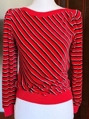 Vintage 80s Velour Sweater Red Black Diagonal Stripe Boatneck Puff Sleeve XS-S
